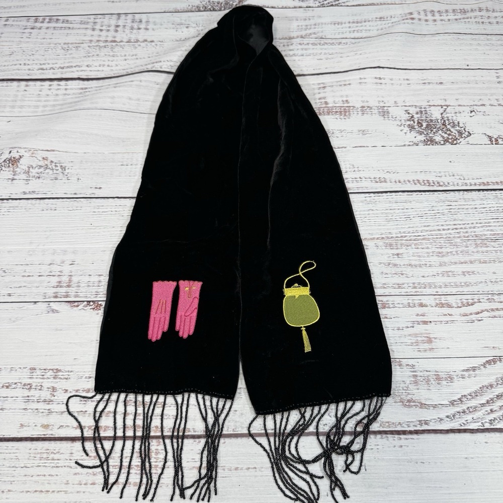 Redfish Designs Scarf Women OS Black Silk Blend Velvet Embroidered Beaded Fringe